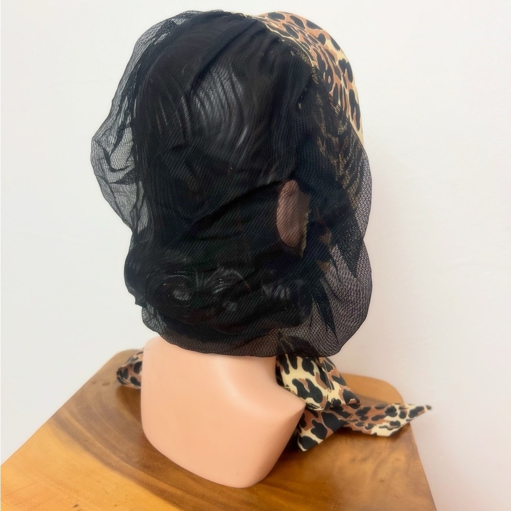 RARE 1950’s 50s Vintage Rayon Leopard Print Black Mesh Snood Scarf Head Wrap - Picture 3 of 7